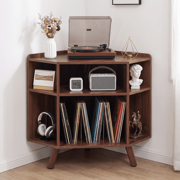 WUSCASA 3 Tier Modern Corner Record Player Stand, Wood Turntable Stand with Charging Station & USB Ports, Small Vinyl Record Storage Cabine for Music Room