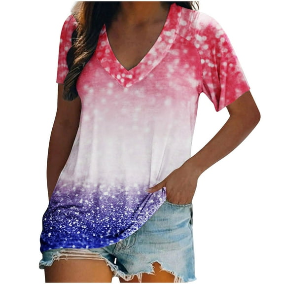 Womens Summer Tops V Neck Short Sleeve Fashion Tie Dye Printed T-Shirt Tops Dressy Casual Loose Workout Tunic Blouses