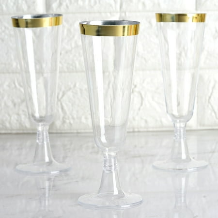 BalsaCircle 12 pcs 5 oz Clear with Gold Rim Plastic Glasses - Disposable Wedding Party Catering Tableware