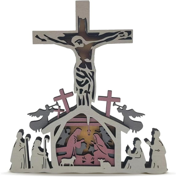 3D Wooden Carving, Jesus Cross Decor, Multi-Layered Wood Carved, Crucifix Statues Rustic Figurines, Easter Wall Hanging Sculpture, Silhouette Ornament for Living Room Bedroom Home Room for Present