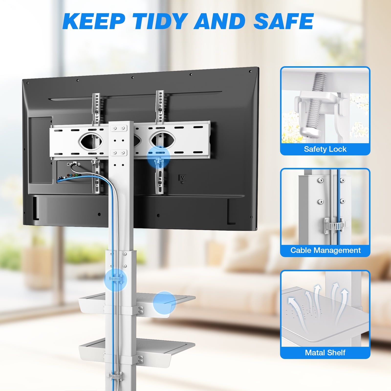 TAVR Furniture Modern Swivel Rolling TV Stand Height Adjustable for 40-75 inch TVs, Portable Floor TV Stand for Bedroom, Living Room, Office, White