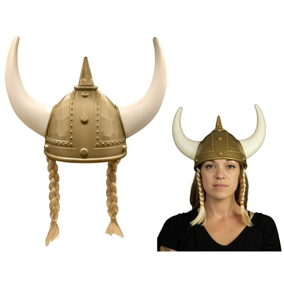 Nicky Bigs Novelties Adult Nordic Viking Helmet with Horns Braids Barbarian Warrior Costume Accessory Gold