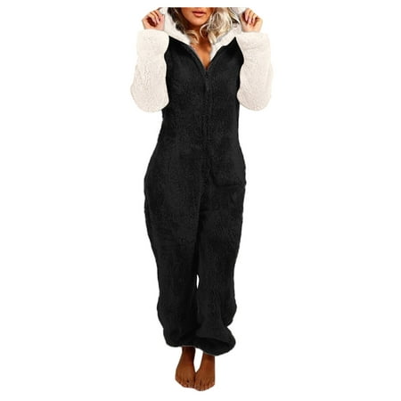 

Qufokar Easter Pajamas Tight Fitted Jumpsuits Women Women S Artificial Wool Long Sleeve Pajamas Casual Solid Color Zipper Loose Hooded Jumpsuit Pajamas Casual Winter Warm Rompe Cute Ears Sleepwear
