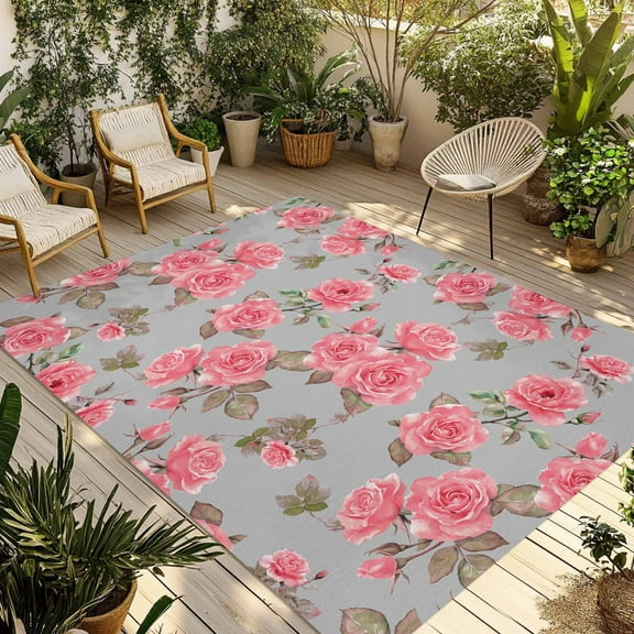 Fsddascl Red Floral Outdoor Rug for Patio/Deck/Porch, Non-Slip Large Area Rug 6 x 9 Ft, Farmhouse Garden Flowers Botanical Indoor Outdoor Rugs Washable Area Rugs, Reversible Camping Rug Carpet