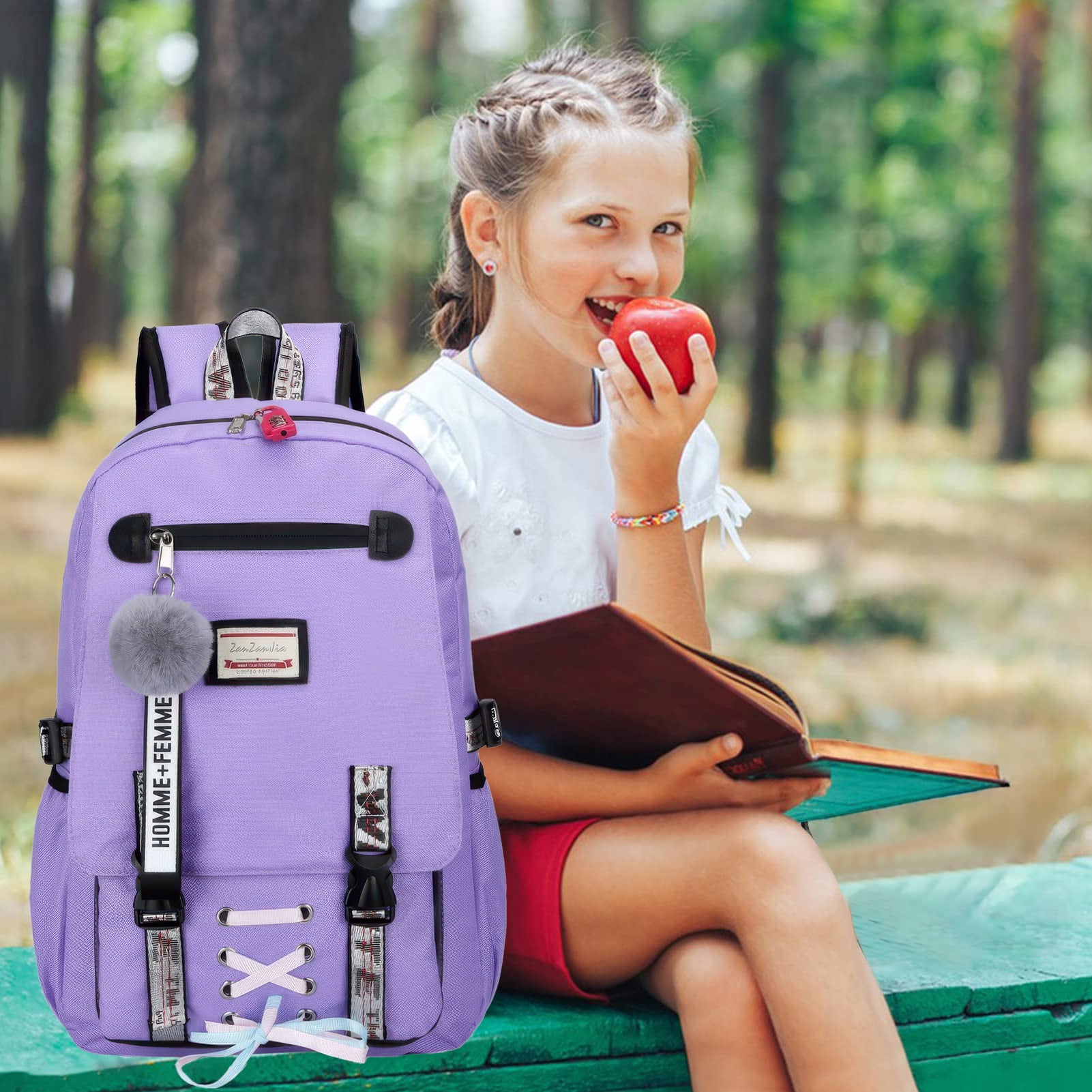 DAKIMOE Fashion Teenage School Backpack Student Middle School bag Men and Women Anti-theft Laptop Backpack with USB Charging Port, Purple