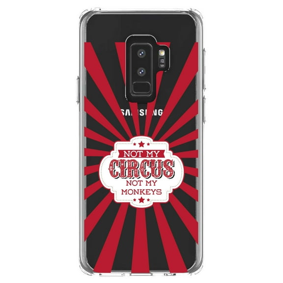 DistinctInk Clear Shockproof Hybrid Case for Samsung Galaxy S9  PLUS (6.2" Screen) - TPU Bumper Acrylic Back Tempered Glass Screen Protector - Not My Circus, Not My Monkeys