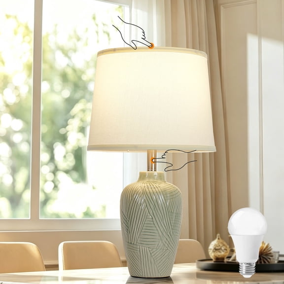 23" Green Ceramic Lamps, 3-Way Dimmable Touch Ceramic Table Lamp for Bedroom,Rustic Farmhouse Bedside Lamp With Linen Shade,Bedside Nightstand Lamp for Living Room, Office, Entryway