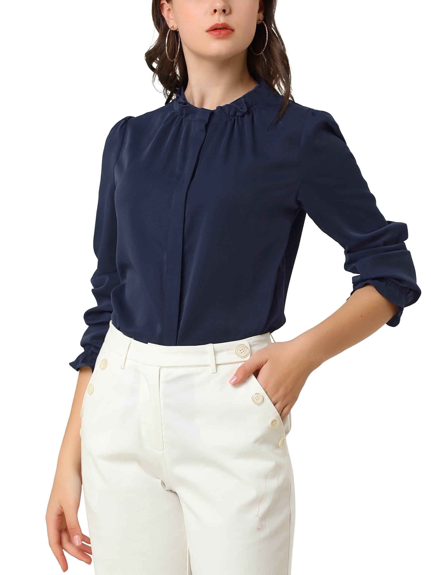 DARING DIVA Women's Chiffon Stand Collar Ruffled Trim Work Blouse XL Navy Blue