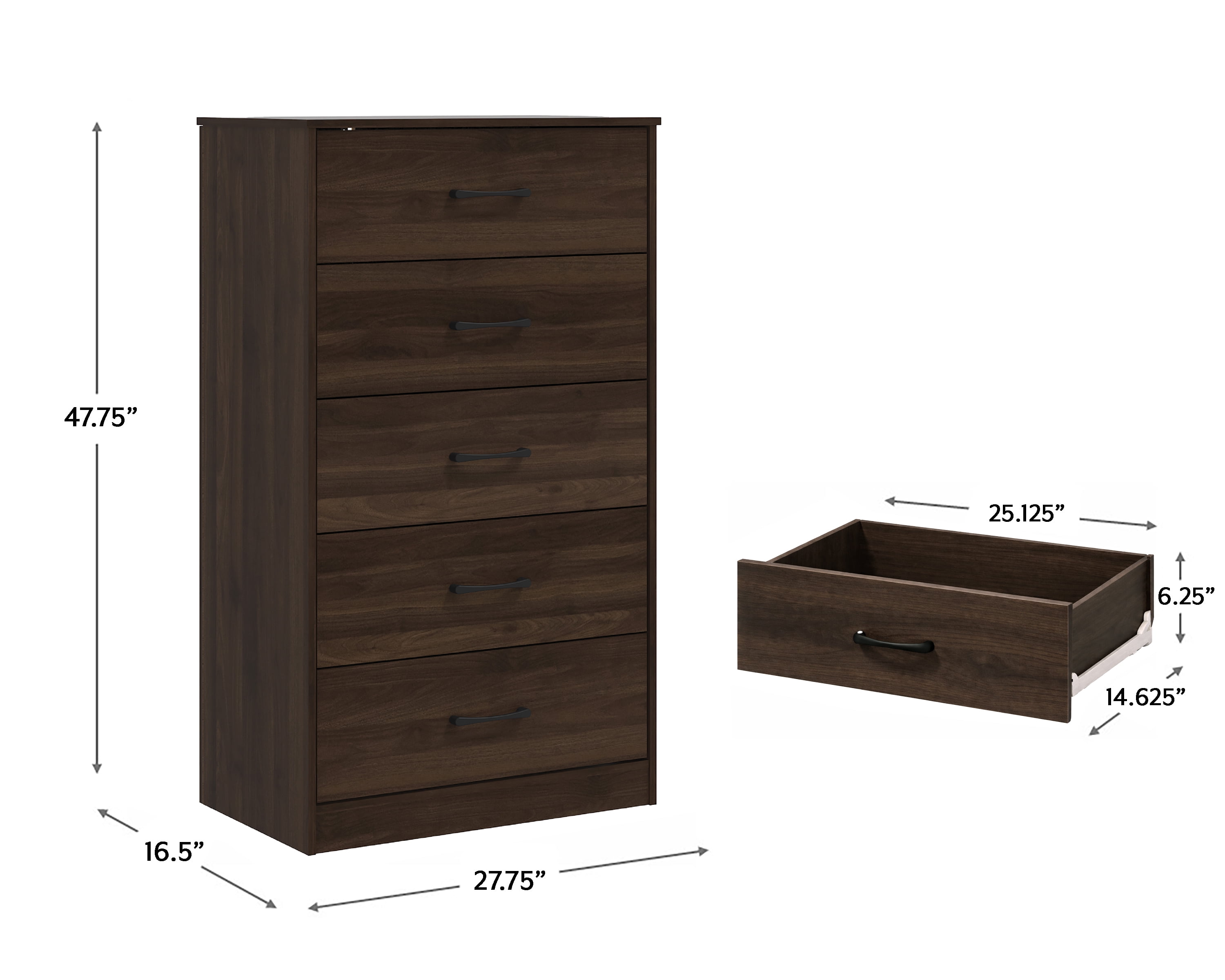 Mainstays Ardent 5 Drawer Dresser, Dark Walnut