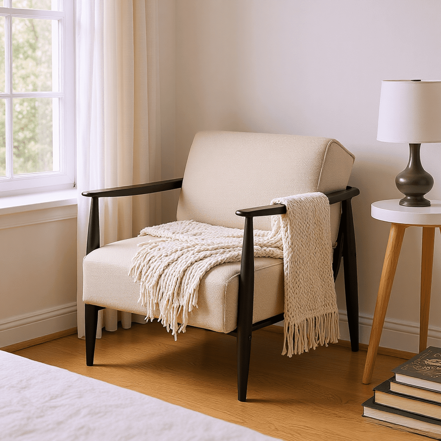 Homy Casa Mid-Century Accent Chair with Dark Wood Armrests, Beige Fabric Armchair