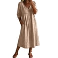 thumbnail image 2 of FDGIU Women's V Neck 3/4 Sleeve High Waist Gathered Pocket Loose Flowy Linen Midi Dress, Boho Beach Vacation Casual Home Lounge Swing Long Dresses, 2 of 6