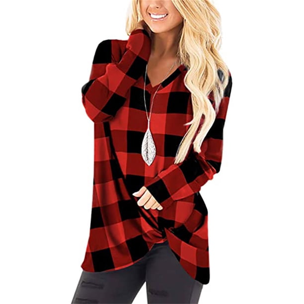 Sonducket Camiseta de mujer Camiseta suelta de manga larga Blusa larga Top de cuello en V de otoño Prendas para la parte del cuerpo Tela escocesa roja S