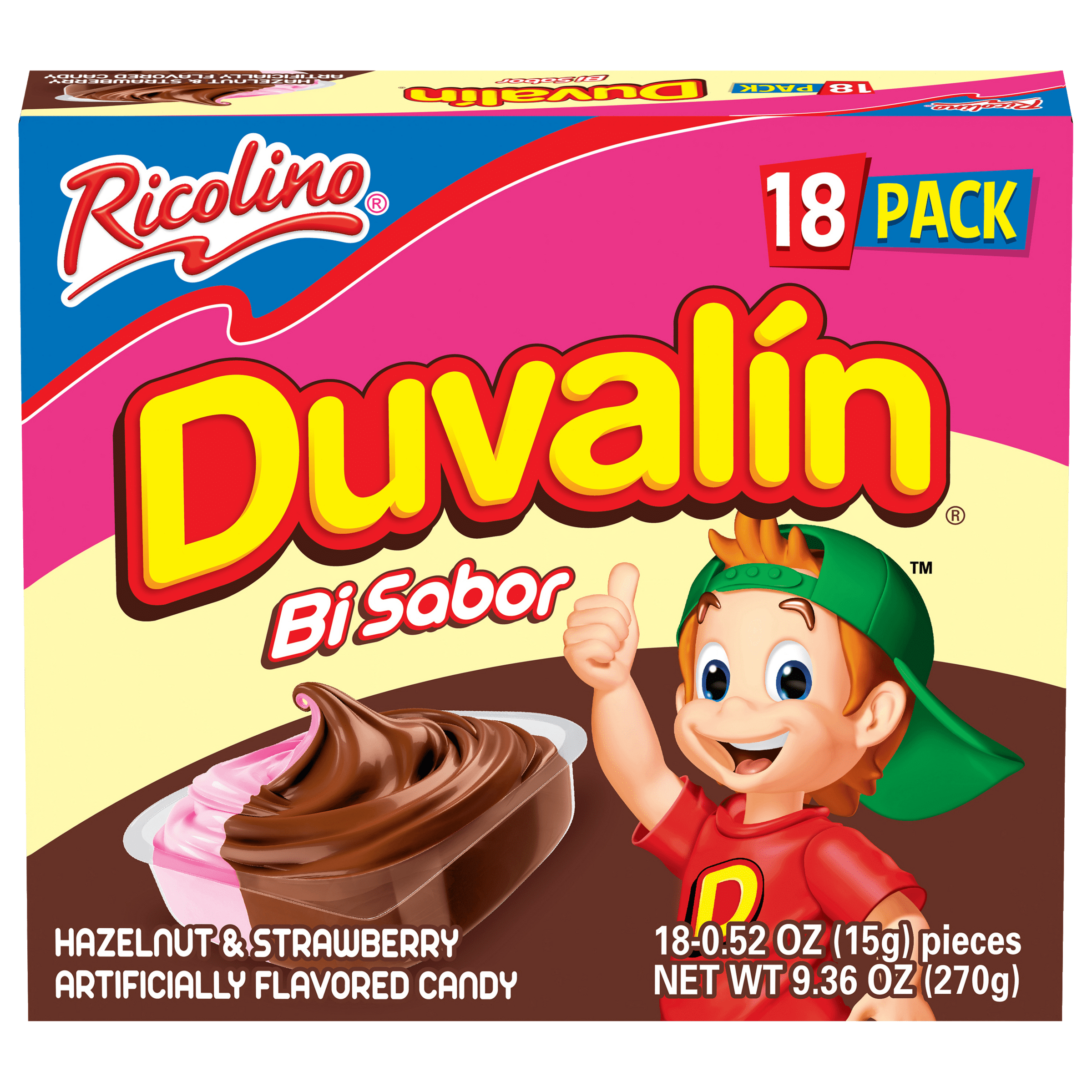 (5 pack) Ricolino Duvalin Hazelnut and Strawberry Candy Spread, 9.36 oz, 18 Count Box