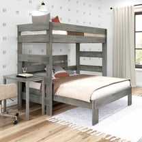 Plank Beam Solid Wood Farmhouse Twin over Full L-Shaped Bunk Bed Bed with Desk, Driftwood
