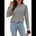 thumbnail image 2 of Camisas de Larga para Mujer, Blusas de Rayas con Bloques de Color, Ropa de Moda de Otoño, Blusas con Cuello Redondo y Negro S, 2 of 8
