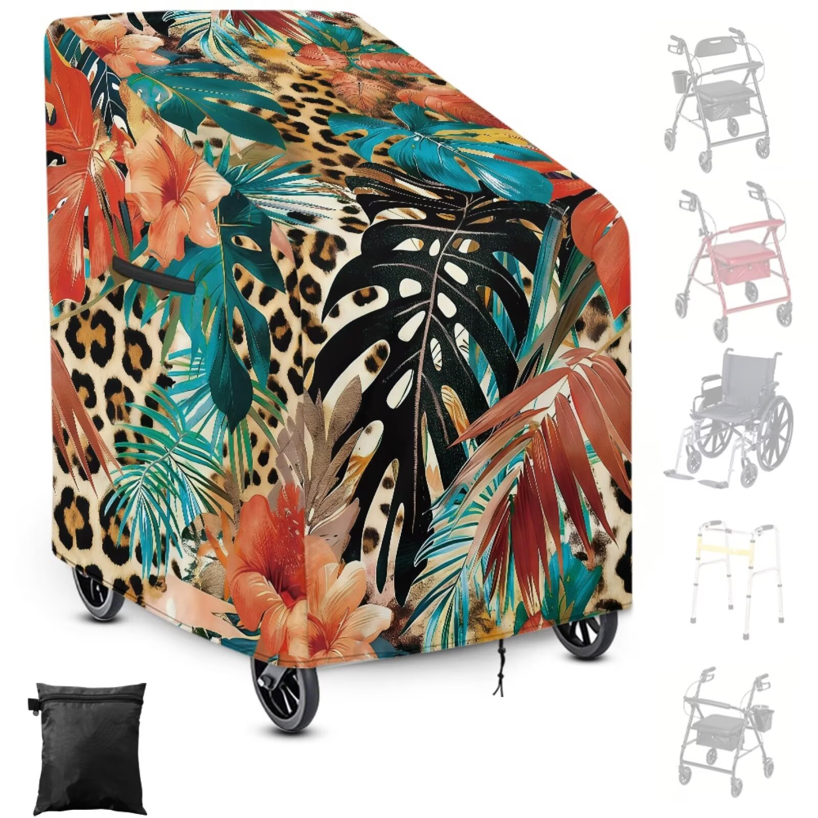 ZIATUBLES Rollator Walker Cover, All-Weather Protection Rollator Cover, Universal Mobility Aid Decor Accessories Fit Walker with Wheels and Seat, Leopard Print Tropical Floral Leaf Print