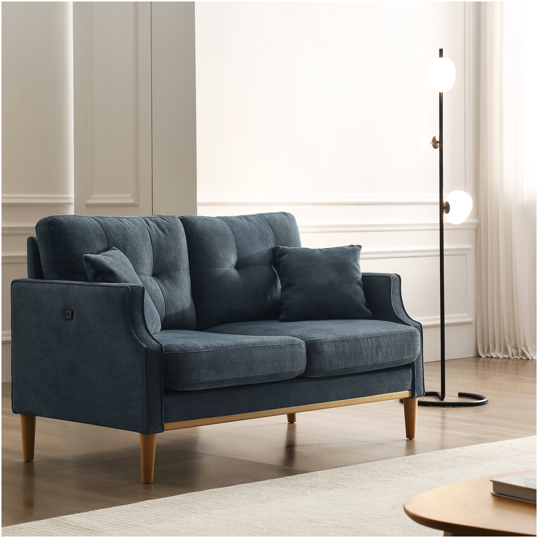 Dark Blue 2-Seater Loveseat Sofa with USB Charging Port, Waterproof Fabric Upholstery for Living Room, Bedroom, or Office