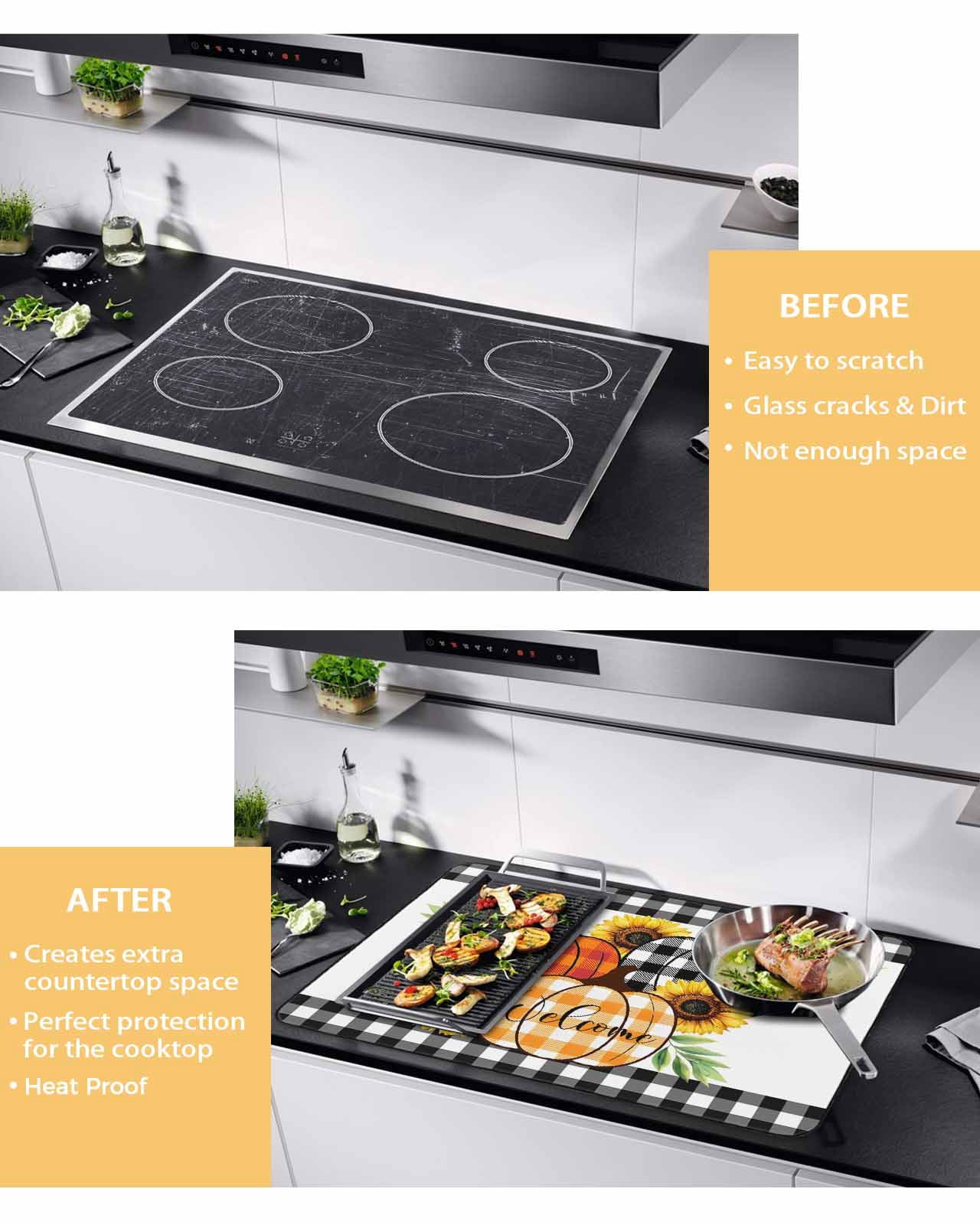 Large Induction Cooktop Protector Mat Thanksgiving Stove Top Covers for Electric Stove, Fall Orange Black Plaid Pumpkin Sunflower Decorative Stove Burner Cover Mats, Glass Top Stove Cover