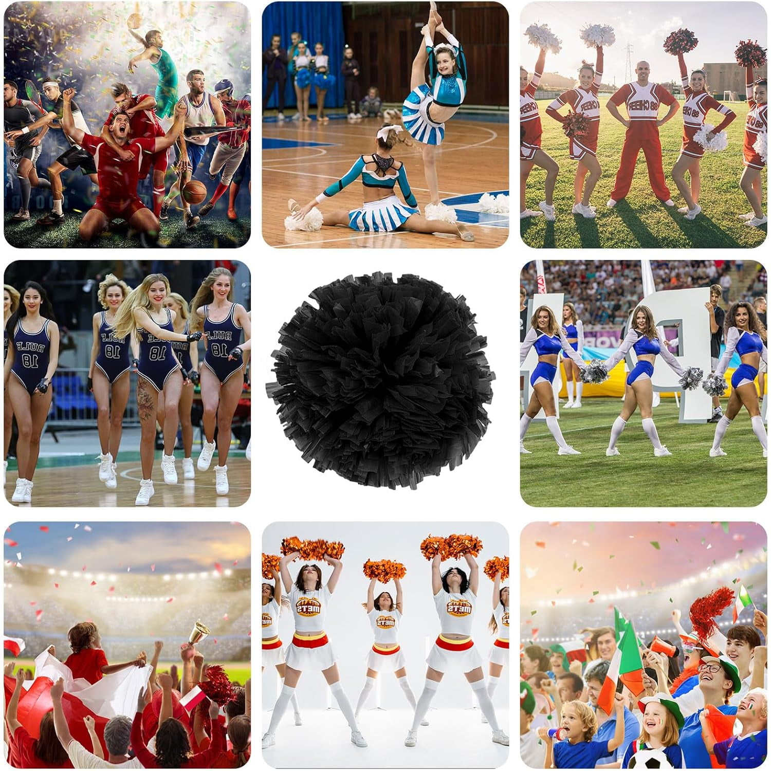 Cheerleader Pom Poms 24 Pack Sports Dance Cheering Plastic Metallic Cheerleading Pom Poms for Kids Adults-Ring Style