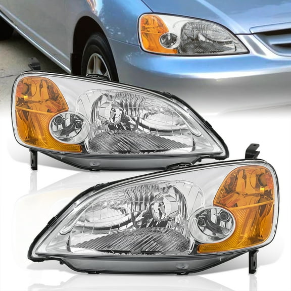AJP Distributors Chrome Housing Amber Reflector Clear Lens JDM Driving Headlights Lamps Assembly LH   RH Upgrade Compatible/Replacement For Honda Civic EM ES 2/4DR Sedan Coupe 2001 2002 2003 01 02 03