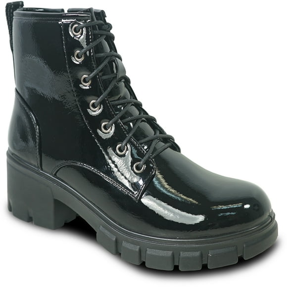 kozi Canada Women Ankle Casual Combat Bootie LEILA-6 Fall Boot Side Zipper Black Patent Shiny