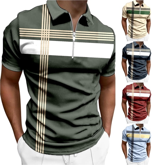 CAIVO Polo Shirts For Men Casual Fashion Striped Color Matching Short Sleeve Shirt Tops Patchwork Lapel Classic Fit Golf For Business , XL