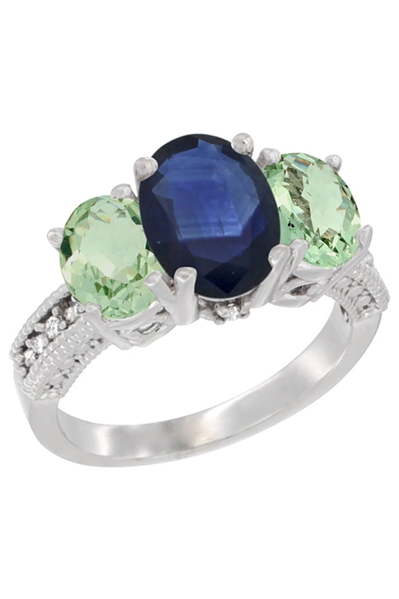 14K White Gold Diamond Natural Quality Blue Sapphire 8x6mm&7x5mm Green Amethyst Oval 3-stone Ring,sz6.5