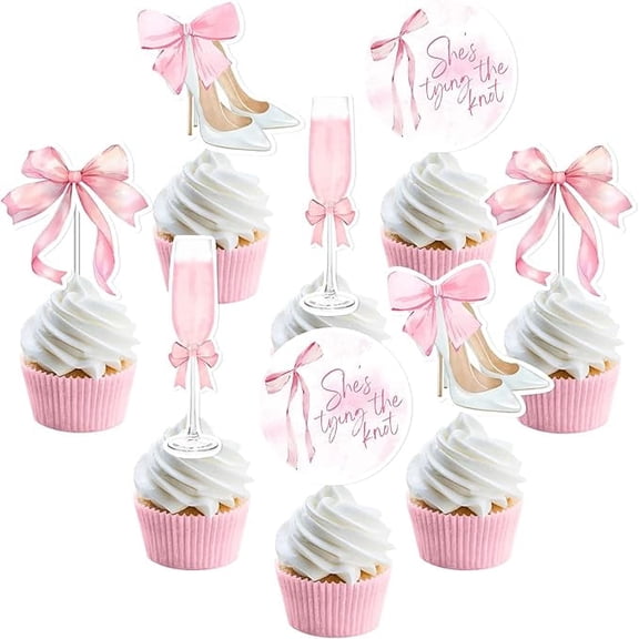 36Pcs She's Tying the Knot Bachelorette Party Decorations Pink Bow Cupcake Toppers Wine Glass High Heel Double Sided Printed Cupcake Toppers for Girls Bridal Shower Engagement Wedding Party Supplies
