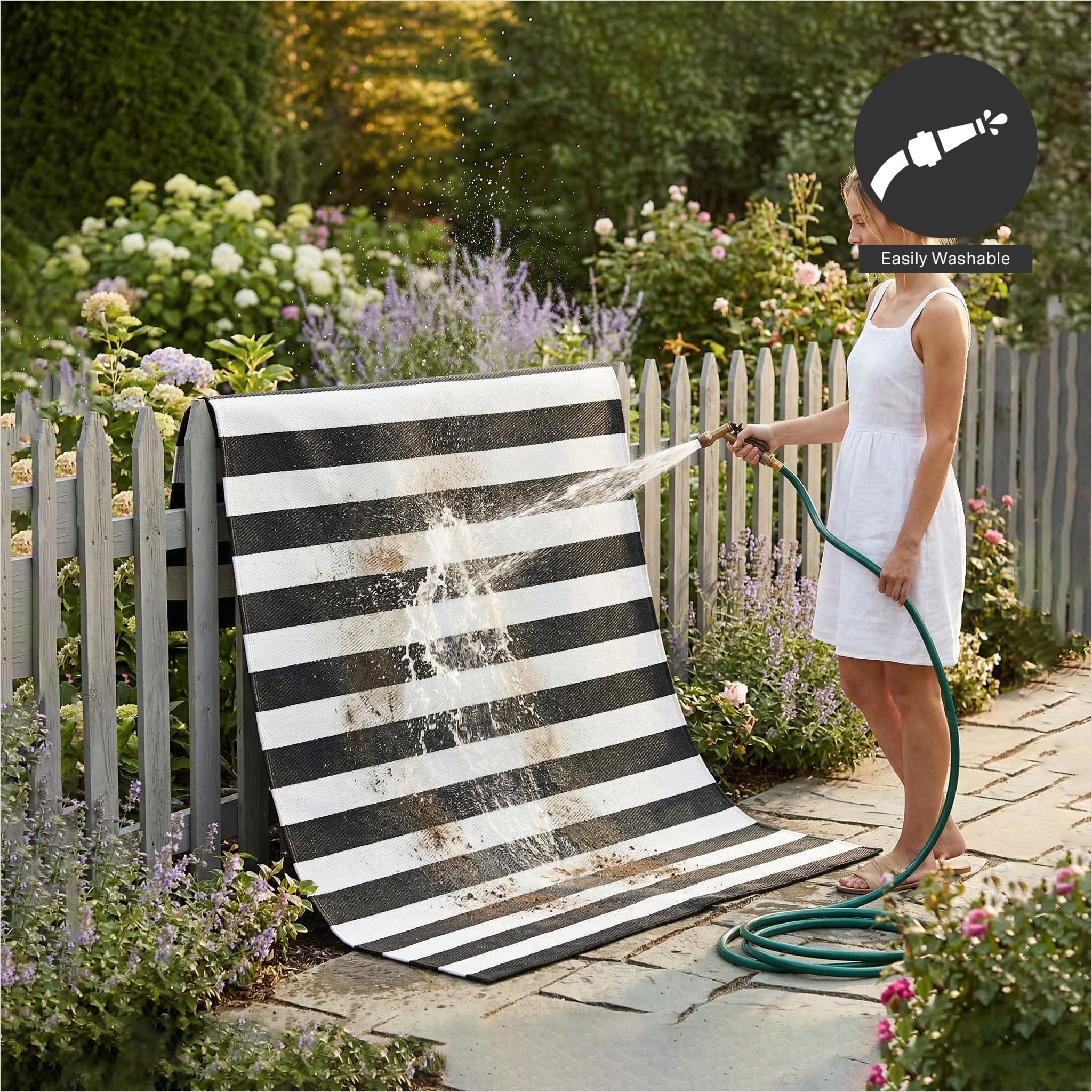 FH Home Outdoor Rug - Waterproof, Fade Resistant, Reversible - Premium Recycled Plastic - Striped - Porch, Deck, Balcony, Mudroom, Laundry Room, Patio - Brittany Stripe - Black & White - 3 x 5 ft