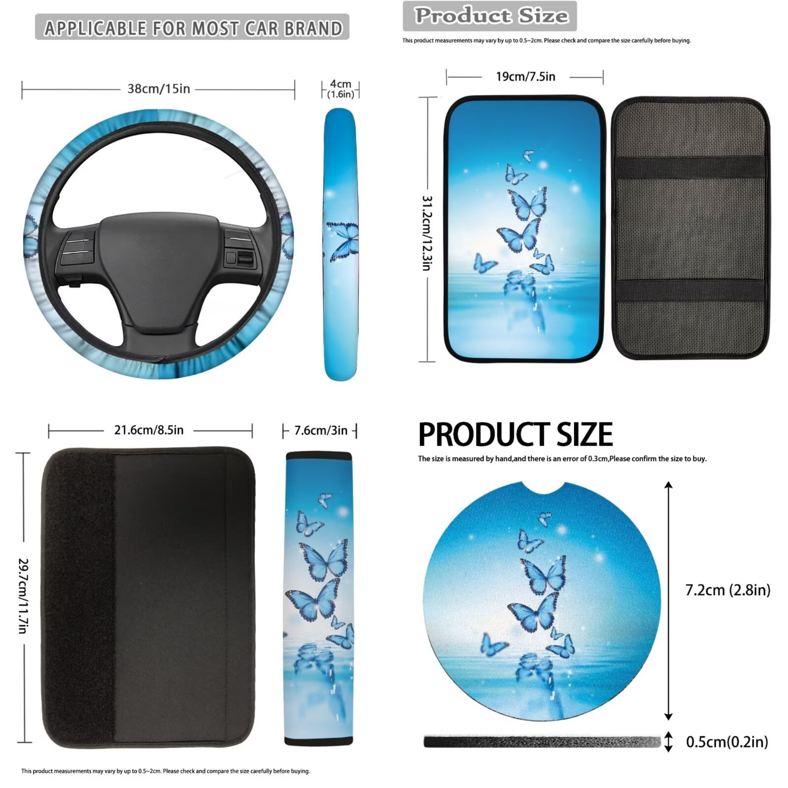 Uorisanigo Butterfly Printed 18 Packs Car Seat Cover with Seat Belt Shoulder Pad Full Set Universal Steering Wheel Protector Armrest Covers Headrest Handbrake Grip Protector Coasters Keychains