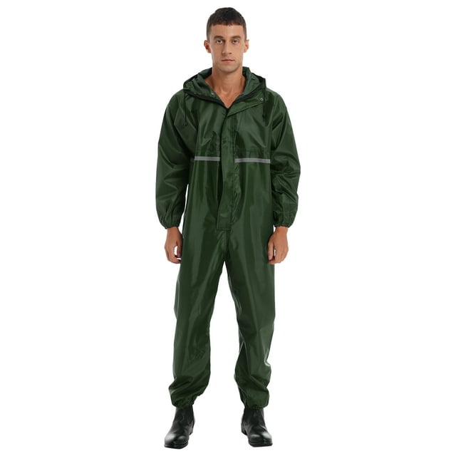 Jowowha Mens Waterproof Jumpsuit One Piece Reflective Strip Motorcycle Rainsuits and MudStopper Dark Green 175/XL