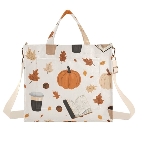 FORMRS Womens Corduroy Tote Bag Crossbody Shoulder Handbag with Pocket, Hand Drawn Pumpkin