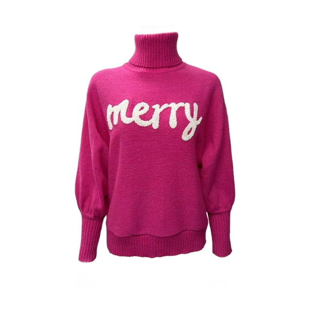 EYIIYE Chandails de Noël pour Femmes à Manches Longues Col Roulé Pull Tricoté Broderie Lettre Pull Décontracté Confortable