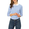 thumbnail image 6 of INSPIRE CHIC Women's Long Sleeve Top Contrast Striped Doll Collar Elastic Loop Back Casual Blouse M Light Blue, 6 of 9