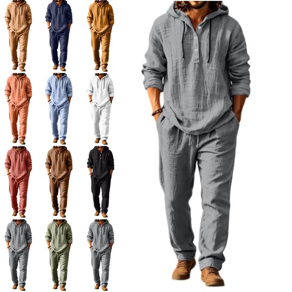 Babcutegg Mens Outfit Set Button Front Long Sleeve Hoodie and Pants Lightweight Casual Clothing 2-Piece Yellow Size S