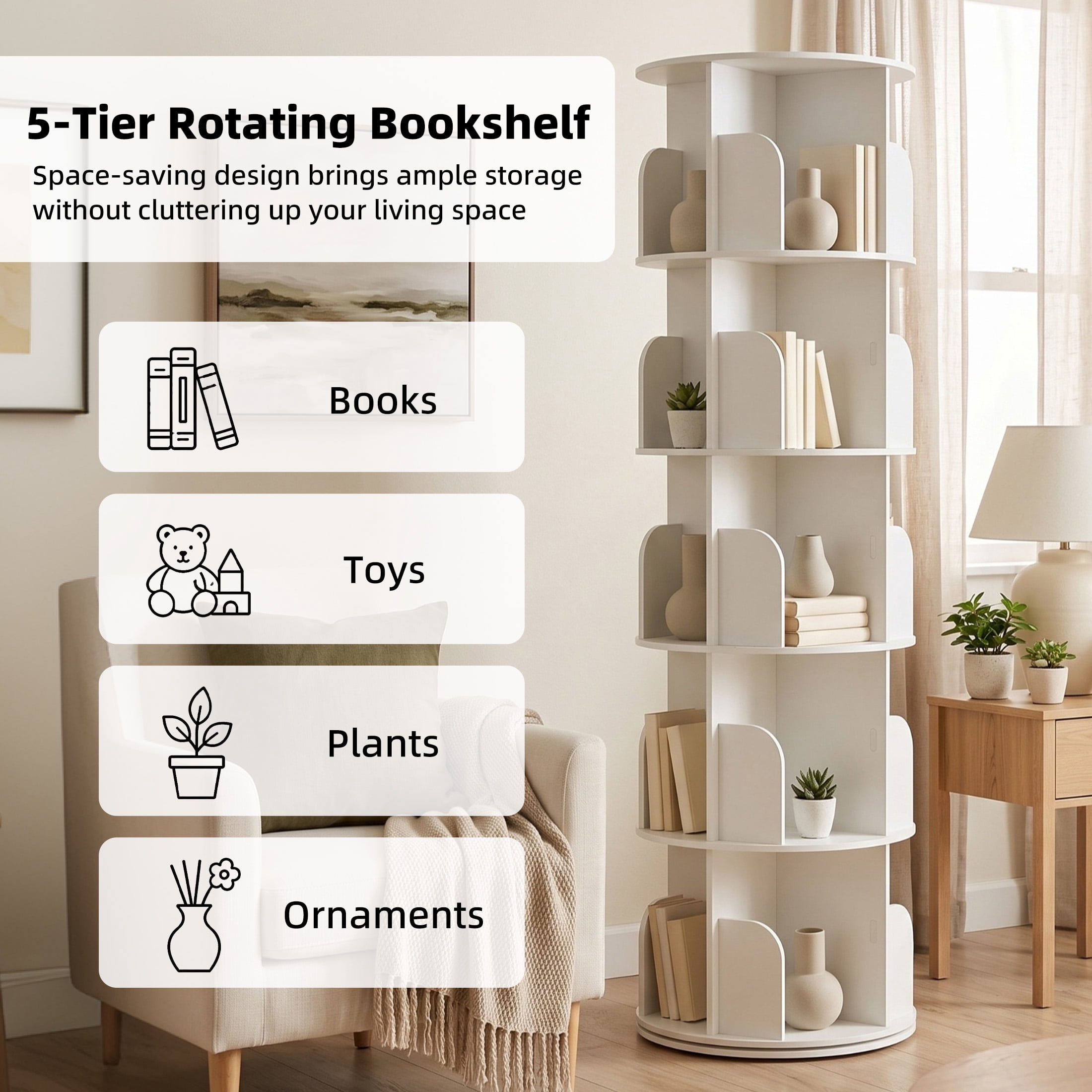 Gianna 5 Tier Rotating Bookshelf, 360 Display Floor Standing Bookcase Storage Rack, White