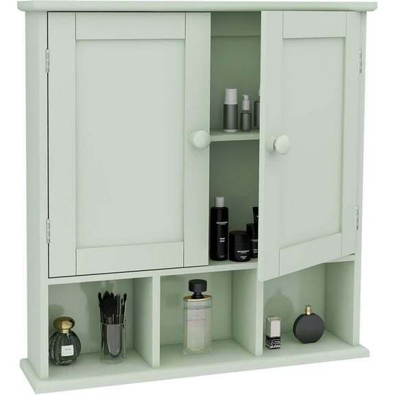 Green Over The Toilet Storage Cabinet with 2 Door Adjustable Shelves, White Wall Mounted Medicine Cabinet for Bathroom Laundry Kitchen