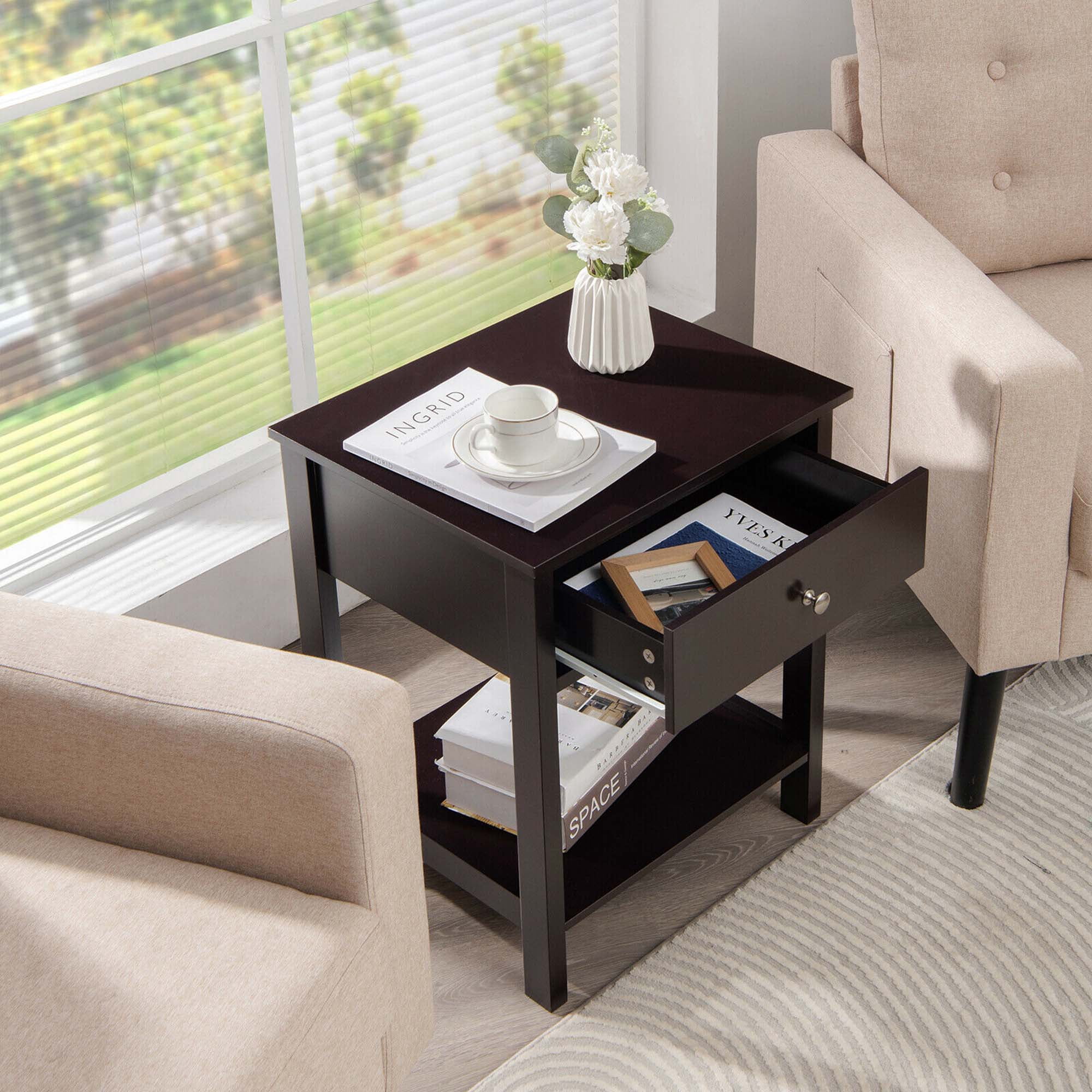 Gymax 2PCS 2-Tier Nightstand Modern Side End Table w/ Drawer & Open Shelf Brown