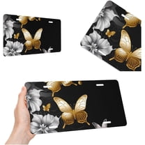 Gold White Butterflies Black License Plate Cover Aluminum Car Plate Tag Funny Novelty Vanity Tag Decorative Car Front License Plate Holder for Men and Women 15x30 CM (4 Holes)
