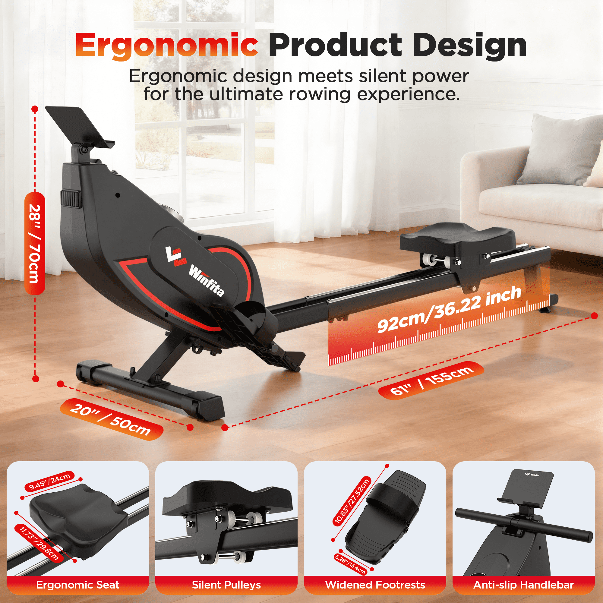 32-Level Self-Generating Magnetic Rowing Machine for Home, 115lbs Silent Resistance, 350 LB Capacity, Full-Body Workout Compact Foldable Rowing Machine for Cardio & Strength
