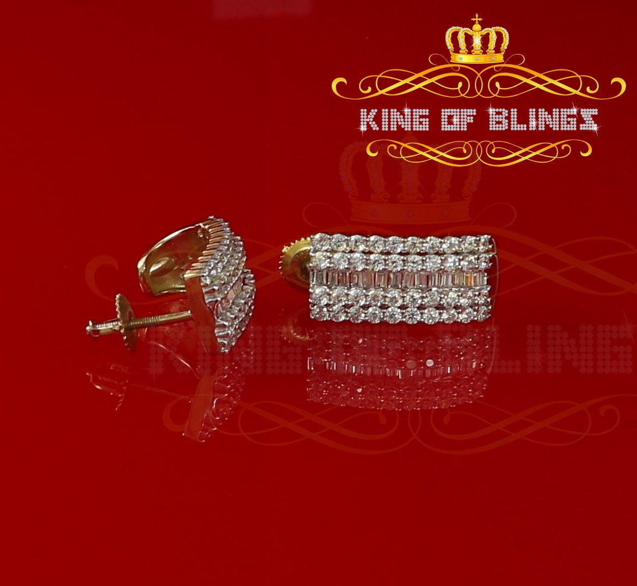 King of Bling's 925 Yellow Silver Stud 5.48ct Cubic Zirconia Baguette Screw Back Women's Earring