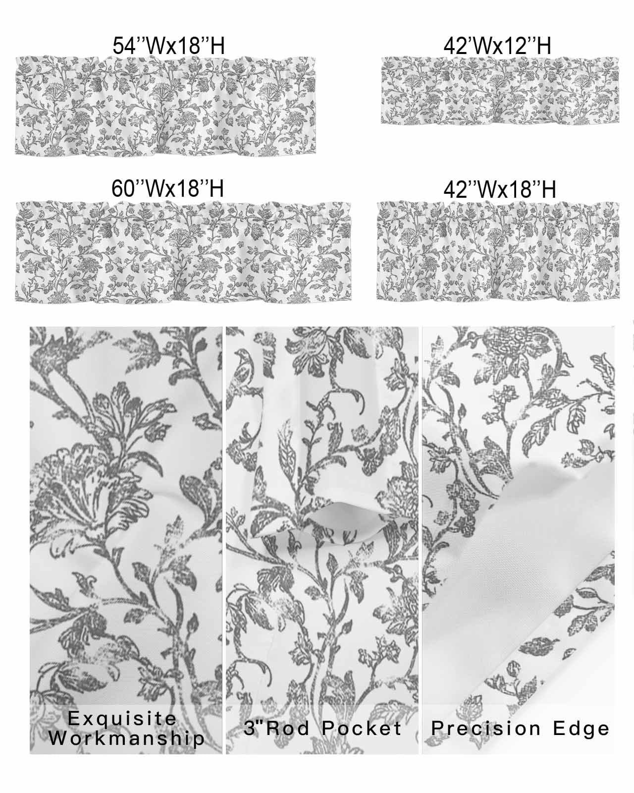 Retro Light Grey Farmhouse Floral Curtain Valances for Kitchen Windows,Rod Pocket Short Valance Pastoral Flowers Window Treatment for Living Room Bathroom Bedroom,42" x 18"-1 Panel