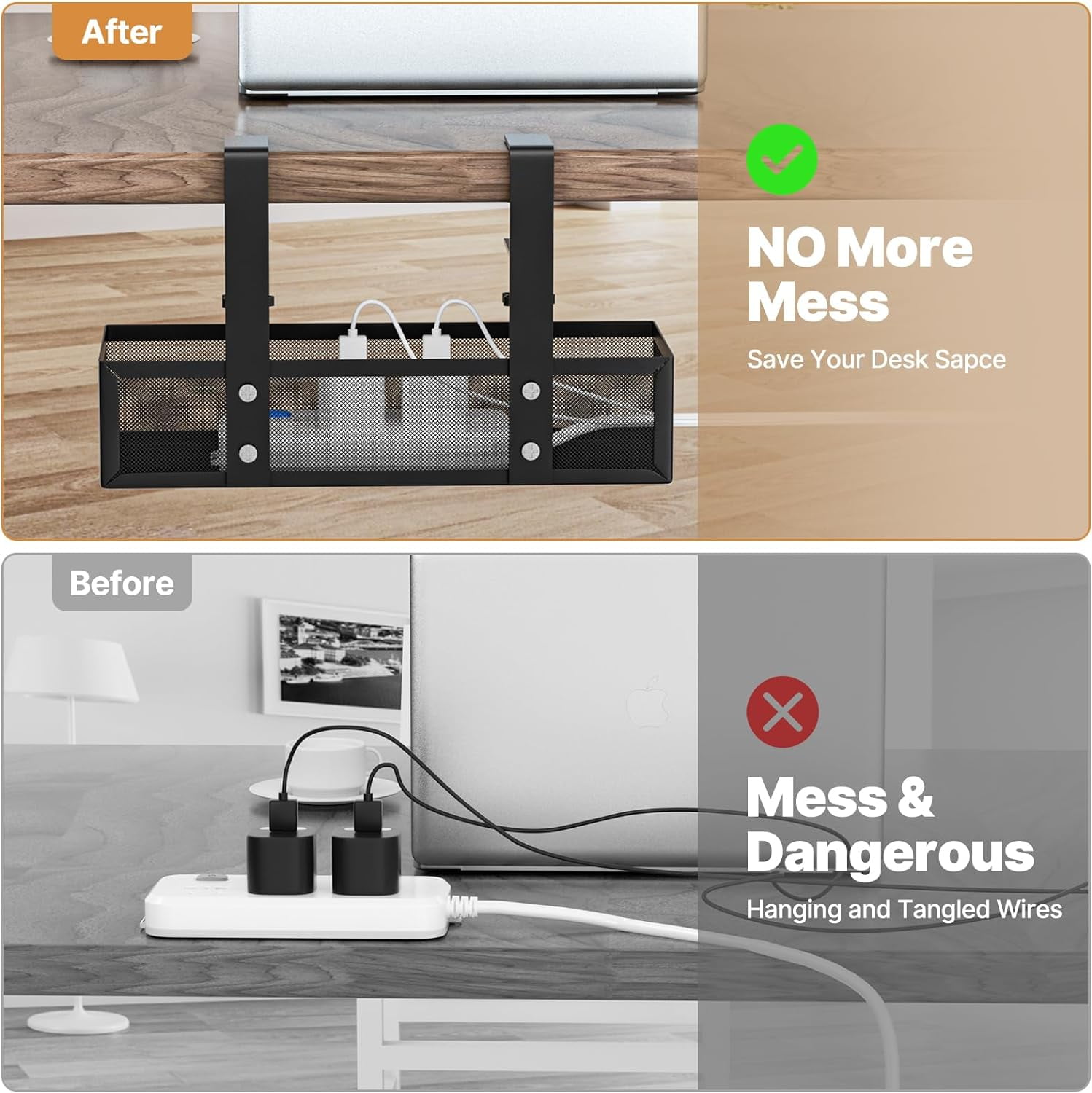 Under Desk Cable Management Tray,Cable Management Under Desk No Drill,Cable Tray with Clamp for Desk Wire Management,Desk Cable Management Box for Office,Home