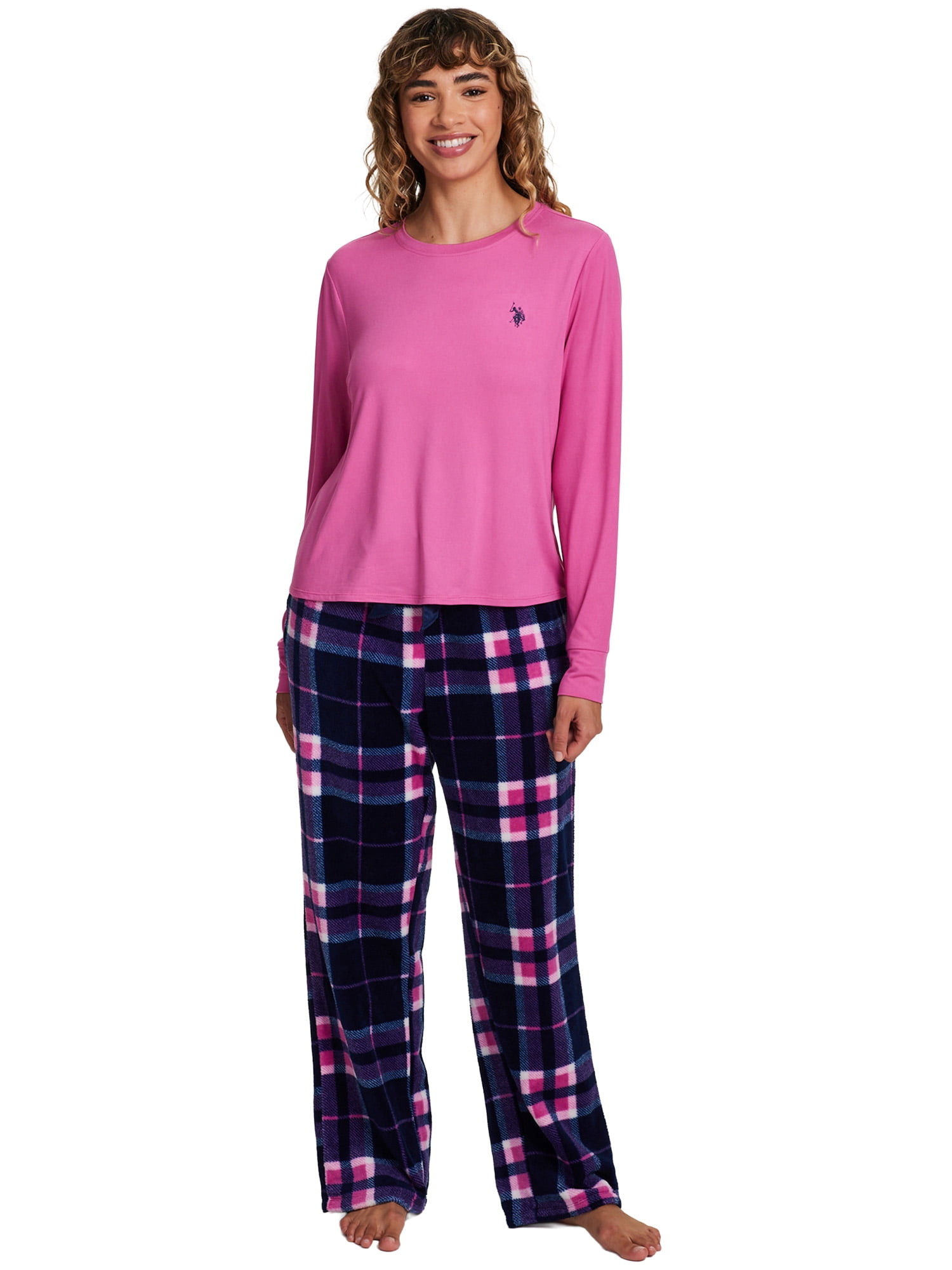 U.S. Polo Assn. Women's Holiday Giftable Long Sleeve Top and Plush Pant Pajama Sleep Set, 2-Piece, Sizes S-3X