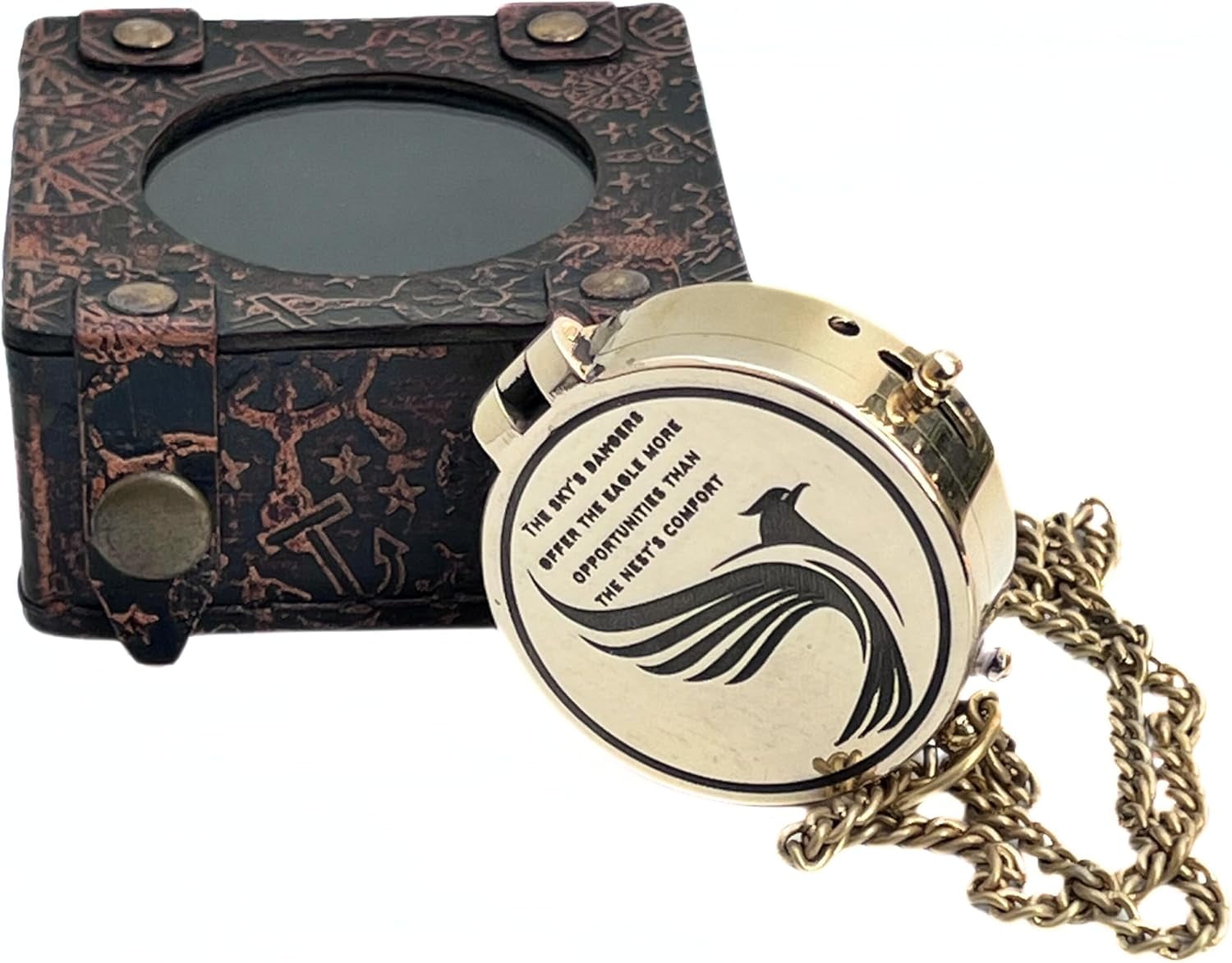 Shiny Brass Pocket Compass Engraved Flying Eagle with Quotes for Camping Hiking Travelling Magnetic Navigational Instrument Directional Device Collectible Item