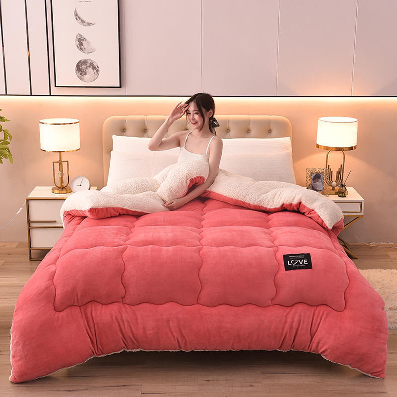 Kezqiaxn Thickened Comforter 150x200cm Milk Fleece Full Size Comforters Winter Quilt Doubles Lightweight Quilt Bed Thick Blankets Warm Cotton Quilt for Camping/Bedroom/All Season Pink