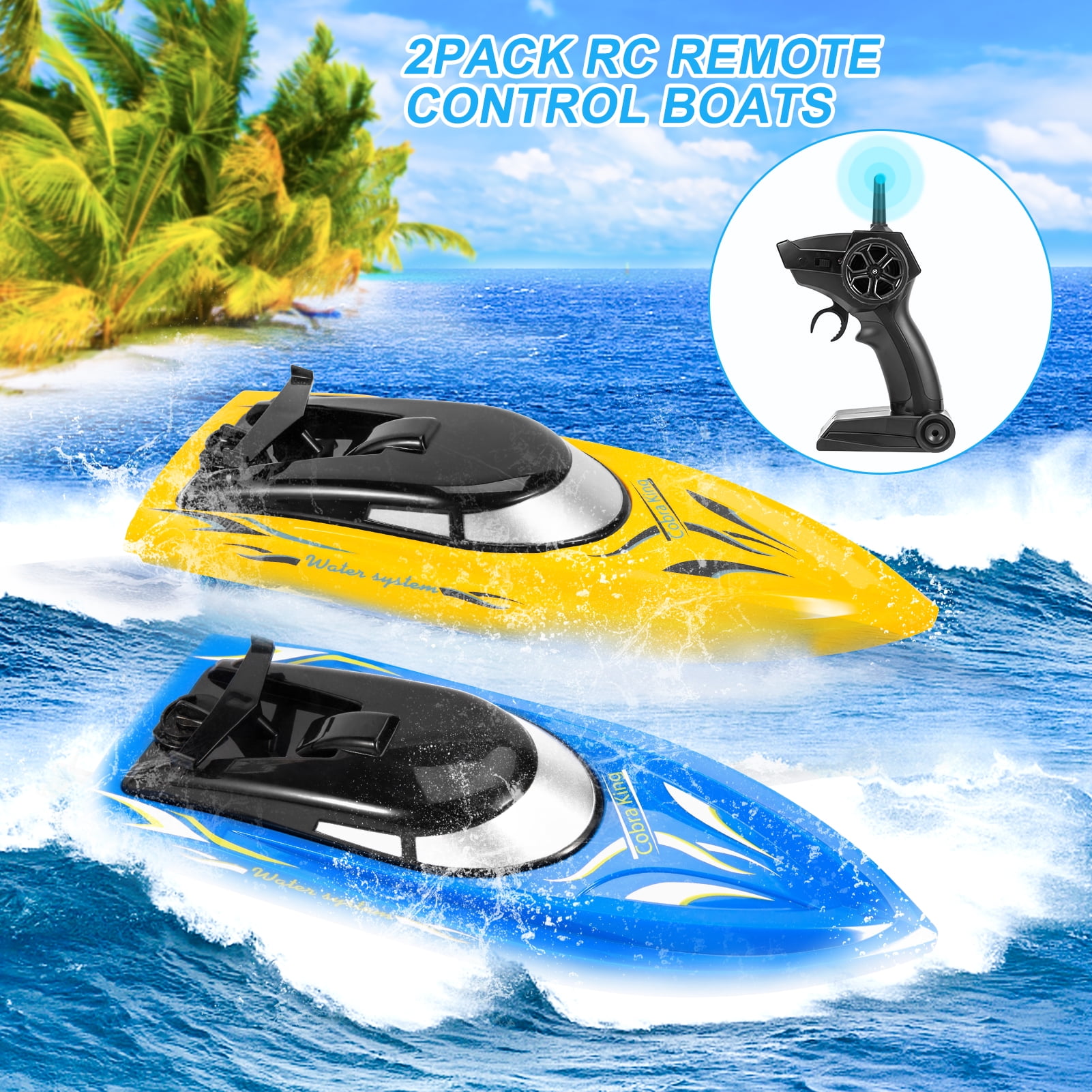Acekid 2 Pack RC Boat, Mini Remote Control Boats for Pools/Lakes, 10km/h, 2.4 GHz, 4 Rechargeable Batteries (Blue+Yellow)