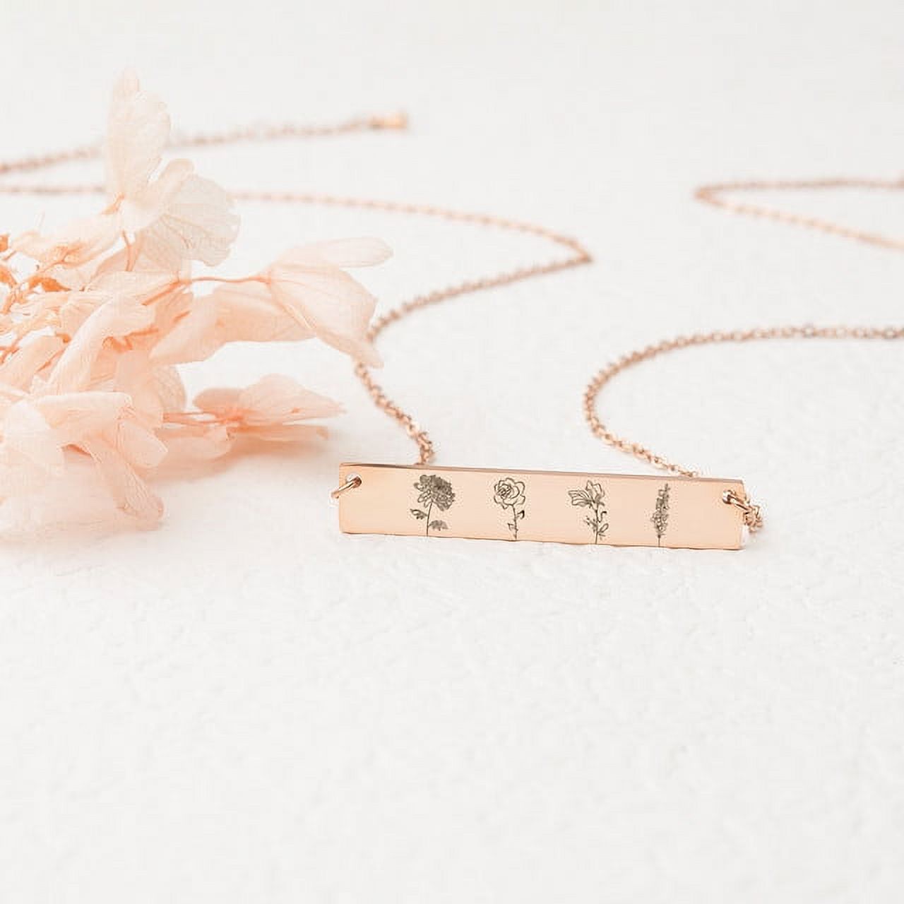Personalized Birth Flower Family Bar Necklace for Her - Combined Birth Flower Necklace - Poppy Necklace with Back Engravable Name - Bithday gift for Mom