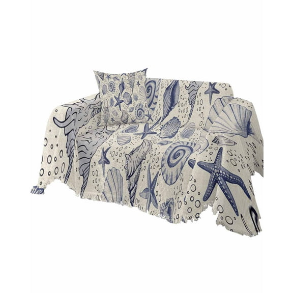 Coastal Starfish Sofa Couch Covers for Dog,Washable Sectional Couch Slipcovers for Loveseat with Tassels,Nautical Marine Sea Conch Shells Blue Non Slip Sofa Throw Cover Blanket Large 71''x102''