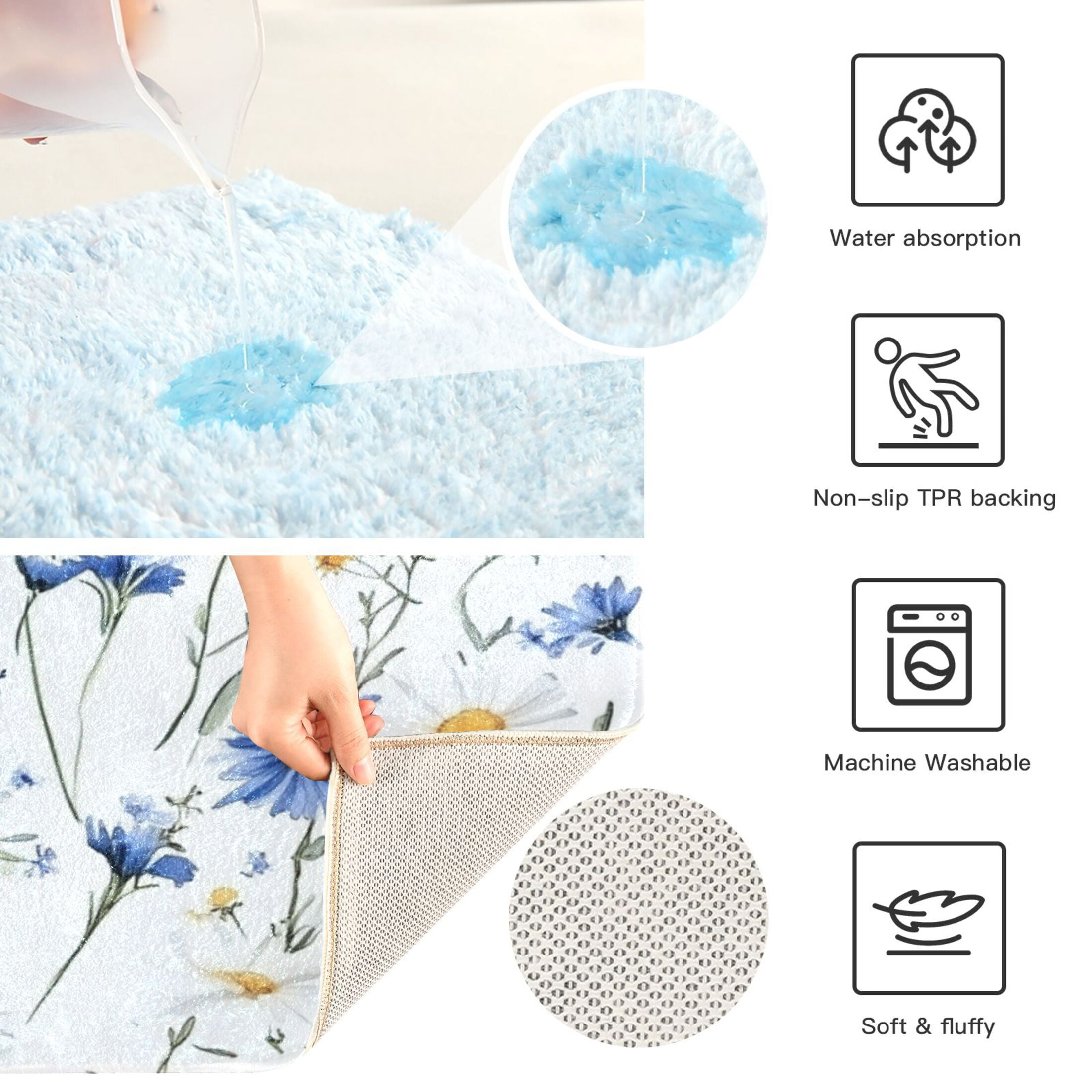 2 Piece Soft Bathroom Rug Set Blue and Yellow Wildflowers Bath Mat and U-Shaped Toilet Contour Rug (16"x24"+20"x24")